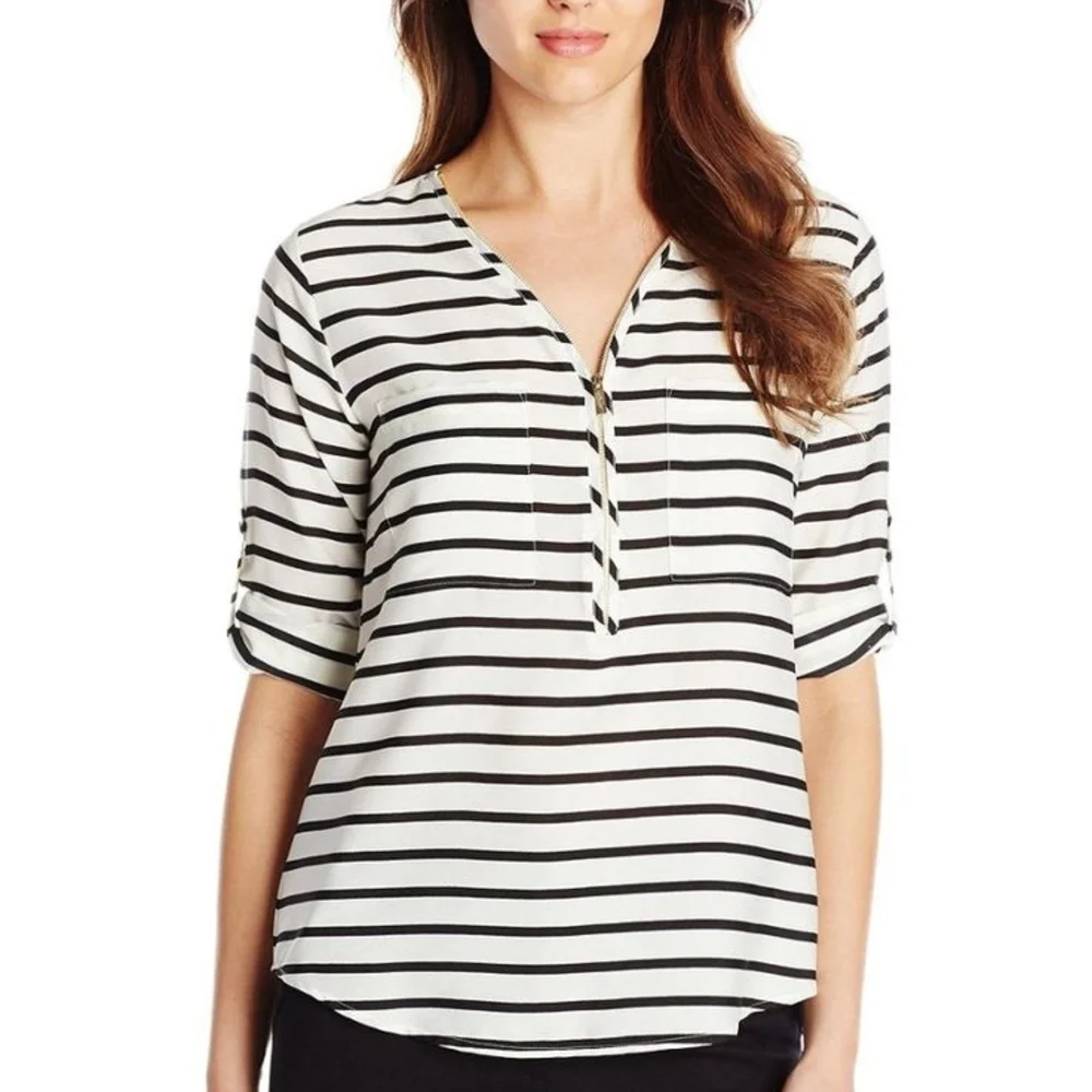 Calvin Klein Blue and White Striped Qaurter Zip Blouse Sz.Large - Picture 1 of 5